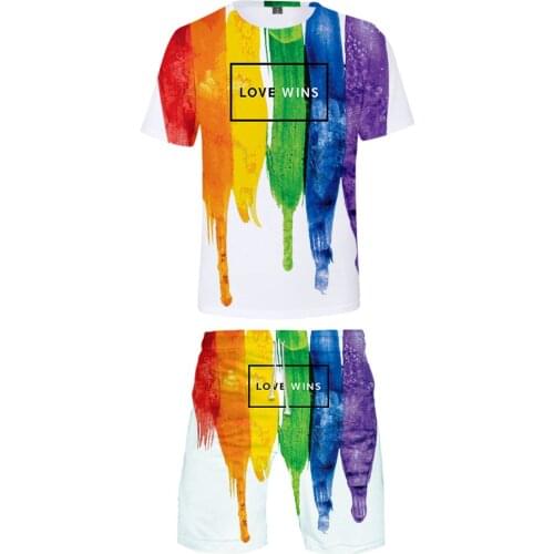 Streetwear Pride Rainbow Flag sets Print male 2 Piece Set Summer Fashion Short Sleeve t-shirts+Shorts Couples sets Oversized