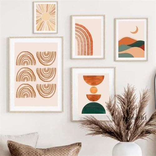 Boho Sun Rainbow Girl Abstract Face Lines Posters Burnt Orange Canvas Painting and Prints Wall Art Picture for Living Room Decor