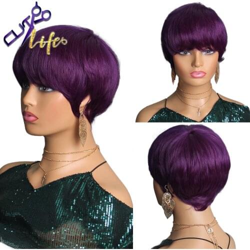 Straight Bob Wig Human Hair Purple WigWith Bangs Malaysian Wig No Lace Wigs For Black Women Colored Full Machine Made Remy Hair