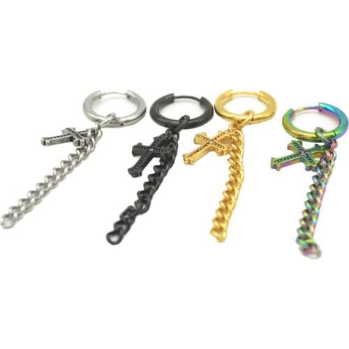 New Cross Hoop Earring Pendant Chain Crystal CZ Gem Ear Stud Men Jewelry Women Stainless Steel Gothic Punk Rock Pendient Mujer