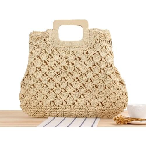 Large Capacity Bohemian Straw Handbag High Quality Ladies Straw Woven Beach Bag Wtih Zipper And Wooden Handle Casual Tote Gift