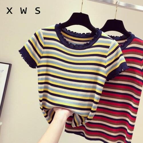 2020 new women sweaters vintage striped sweater women knitted pullover women sweter Short sleeve o-neck thin tops pull femme