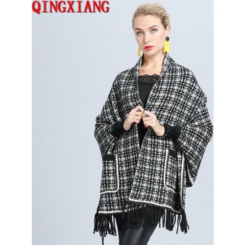 2020 Women Autumn Long Sleeve Houndstooth Cape Outside Faux Mink Street Wear Winter Knitted Plaid Cardigan Vintage Pocket Poncho