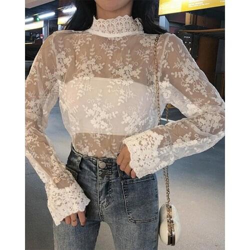 Women Blouse Office Ladies Perspective High Neck Ruffles Lace Mesh Sheer Long Sleeve Blouse Elegant See-through Casual Top Shirt