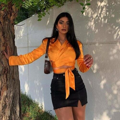 Storyever Women Shirts Solid Color Fashion Lapel Long Sleeve Slim Tie Short Navel Bare Temperament Bandage T-Shirt