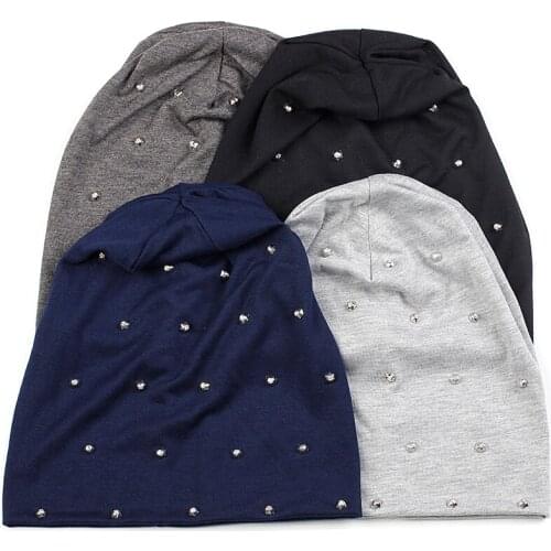 Charm Women Warmer Beanie With Silver Beads Accessories Hats Autumn New Adults Cotton Skullies Caps Men Casual Spring Bonnet