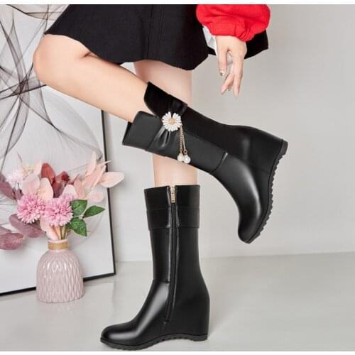 YQBTDL Flower Chain Accessories Pearl Mid-calf Boots for Women Winter 2021 Wedges White Black Pink Sexy Party Princess Shoes New