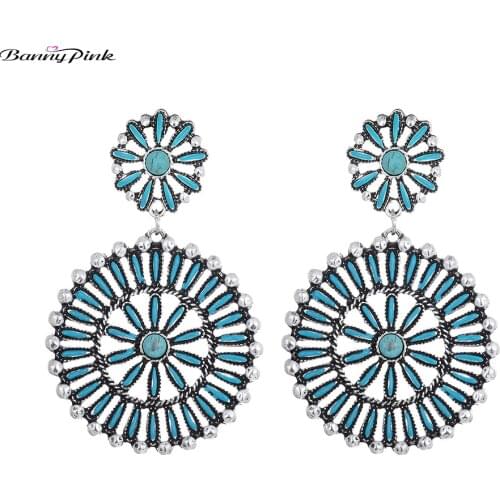 Banny Pink Bohemia Hollow Enamel Statement Earrings For Women Ethnic Flower Windmill Stud Earrings Big Geometric Round Earrings