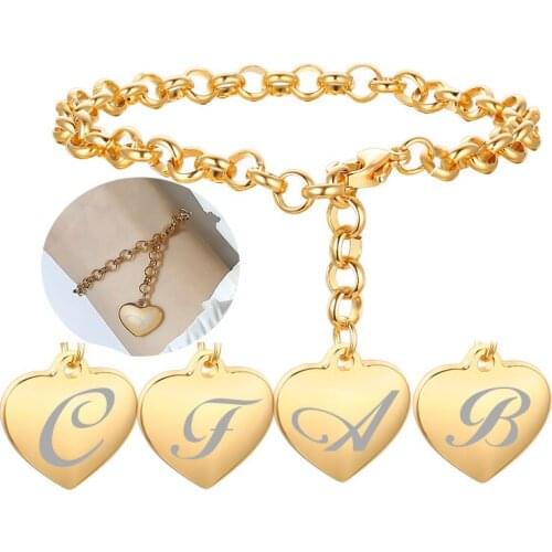 Fashion Summer Initial Charm Alphabet Bracelets Jewelry Stainless Steel Heart 26 Letters Belcher Chains Bracelet For Women Gifts