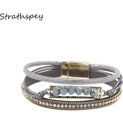 STRATHSPEY Multilayer Crystal Leather Bracelet&Bangles For Women Rhinestone Charm Bracelrt With Magnetic Clasp Boho Jewelry