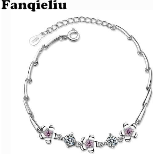 Fanqieliu OL Style Crystal Jewelry Vintage 925 Sterling Silver Bracelets For Women Flower Charms Bracelet&Bangles Woman FQL20114
