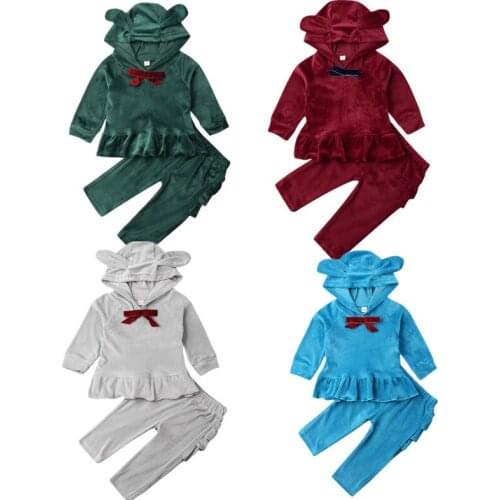 2020 Autumn Winter Gold velvet Clothes Toddler Baby Girls Clothes Ruffle Bear Ear Sweatshirt Tops Long Pants Outfits Tracksuit