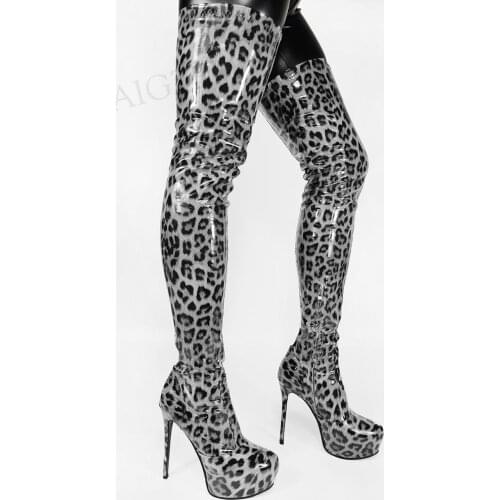 BERZIMER Women Thigh High Platform Boots Shiny Leopard Side Zip High Heels Boots Over Knee Party Shoes Woman Size 42 43 45 52