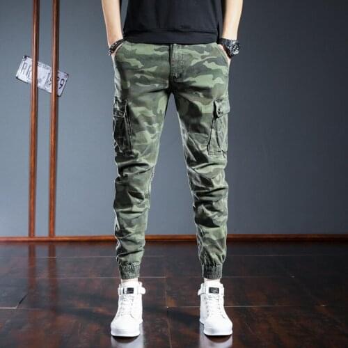 W9011 Spring Men Camouflage Pants Trend Cargo Casual Loose Tie Feet All-Match Outdoor Camping Multi-Pocket Zipper Male Trousers