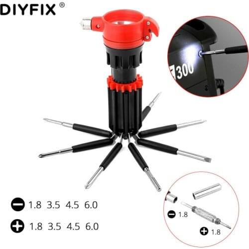DIYFIX Portable 8 in 1 Screwdriver Set with 6 Both End LED Powerful Torch emergency Life hammer Multifunctional outdoor tool set