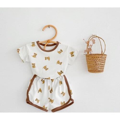 Ins Hot Sale Kids Girls and Boys Cartoon Bear Pattern Short Sleeve T-shirt +Short Pants