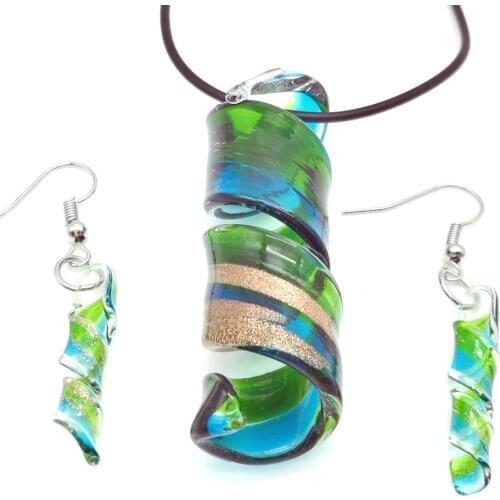 1 Sets Wholesale green Swirl Lampwork Glass Pendant Necklace Earrings Set, Fashion Jewelry Set