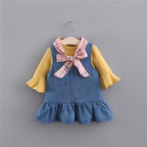 Toddler Girls Clothing Sets Fashion Bow Bell Sleeve Shirts Strap Denim Dress for Girls Kids Clothing 2019 Casual Baby Girl Suits