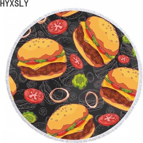 Hamburger Food Round Beach Towels Summer Thick Bath Shower Towel 150cm Circle Beach Swim Yoga Mat Cover Up Outdoor Vocation Use
