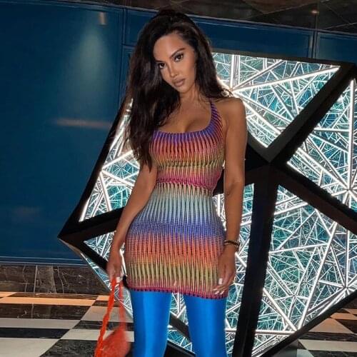 Summer 2021 Dresses Women Sexy Slip Party Strappy Backless Tight Short Dress Sleeveless Striped Print Halter O Neck Multicolor