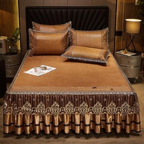 Summer Rattan Mat Three-piece Bed Skirt Style Mat with Detachable Lace Edge Folding Non-slip Bedspread Soft Mat