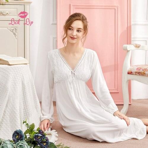 Lick Lip Autumn Cotton Long Sleeves Female Nightdress Sexy Backless V-Neck Sleepwear Elegant Lady Comfort Home Suit SWD13203-30