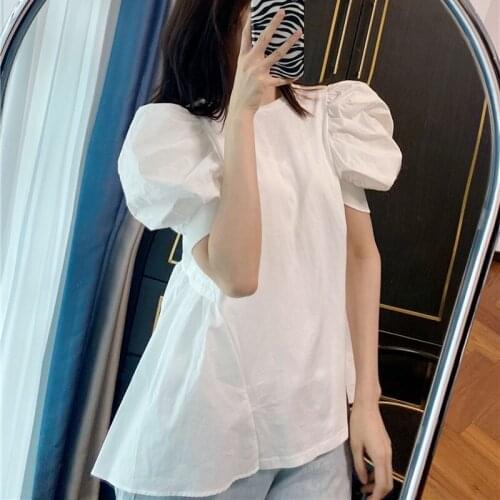 Sweet Puff Sleeve Patchwork Cotton Bow Knit Blouses for Women Elegant Lace Up Knitted Tshirts 2021 Summer All-match Woman Tops