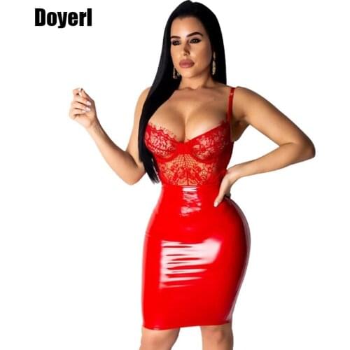 Fashion PU Leather Dress Women Sexy Club Lace Patchwork Dress Women Autumn Sleeveless Backless Short Mini Bodycon Party Dress