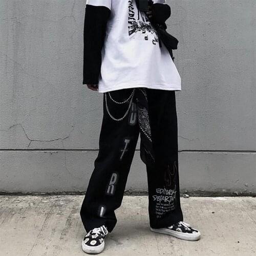 Printed Goth Pants Mens Jeans Autumn 2021 European American Fashion High Street Retro Dark Straight Loose Casual Pants Trend
