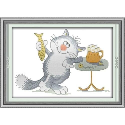 Kitten to eat fish hand-embroidered cross-stitch kit small simple and easy to embroider furniture decoration sewing embroidery