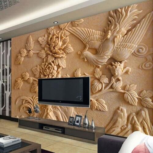 Custom Wall Mural Paper Chinese Style Living Room TV Background 3D Stereoscopic Relief Phoenix Peony Wall Murals Wallpaper