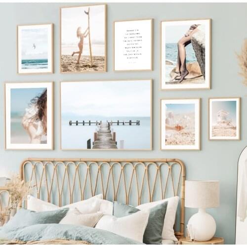 Wall Art Canvas Painting Surf Girl Beach Bridge Sea Shell Seagull Nordic Posters And Prints Wall Pictures For Living Room Decor