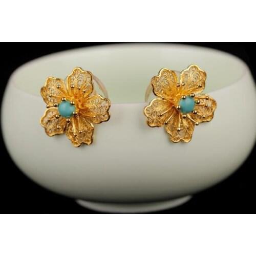 Original designer craft filigree Turquoise Earrings Chinese style retro unique charm luxury womens brand silver jewelry