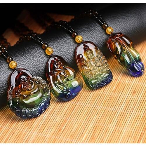 Religious Glass Buddha Pendant Necklace for Men Women Fashion Lucky Jewelry Punk Rock Guanyin Pi Xiu Fox Choker Necklaces Gift