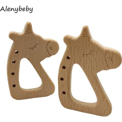 Natural Wood Animal Horse Shape Teether Baby Teething Nursing Beech Wooden Teether for babies Organic DIY Necklace Pendant Toy