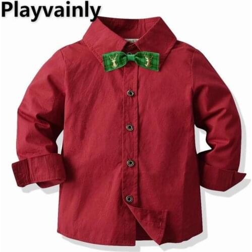 Baby Boy Shirt 2021 Spring New bow tie Red Cotton Long Sleeve Boys Tops Baby Clothes 1-7 Years E20387