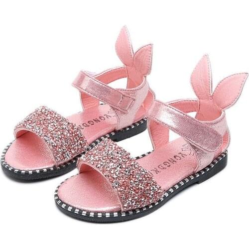 Girls Sandals Fashion Kids Summer Beach Shoes Rhinestone With Rabbit Ear Bling Crystal Children Beach Sandals Princess Cute New