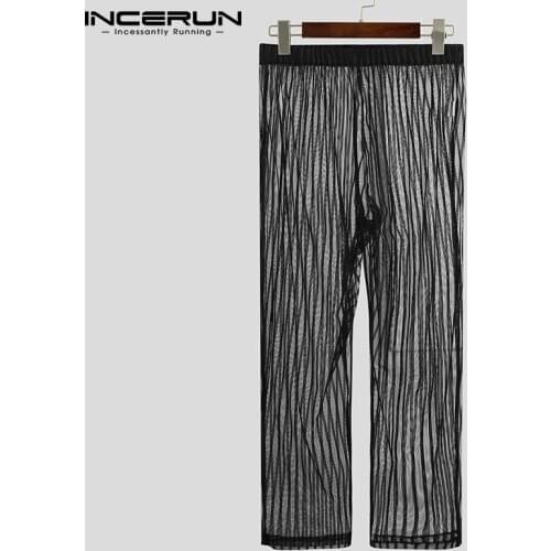 INCERUN Men Pants Mesh Transparent Striped Homewear Elastic Waist Casual Trousers 2021 Breathable Sexy Men Sleep Bottoms S-5XL