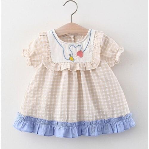 #VW Girls Dress Toddler Baby Kids O-Neck Puff Sleeve Dress Cartoon Embroidery Ruched Plaid Princess Dress Clothes платье летнее