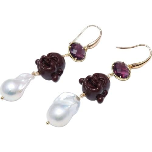 GuaiGuai Jewelry Natural White Baroque Pearl Brown Resin Buddha Purple Crystal Connector Dangle Hook Earrings Handmade For Women