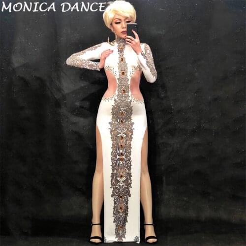 Women Sexy White Long Skirt Big Yellow Glass Sparkling Crystals Nightclub Party Banquet Clothing Stage Wear Singer Costume Dress