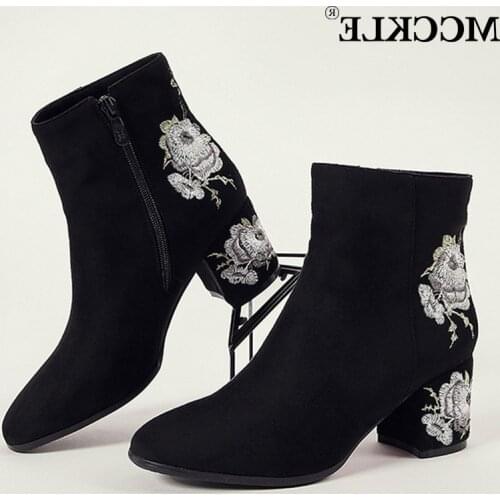 MCCKLE Ankle Boots For Women Winter Warm Plush Fashion Embroider Short Boots Ladies High Heels Round Toe Casual Shoes Zip Mujer