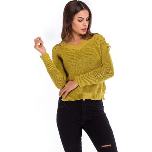 Women Sweaters And Pullovers Winter 2019 Front Short Back Long With Sleeve Lace Up V Neck Casual Tops Sweater Woman Clothes Knit