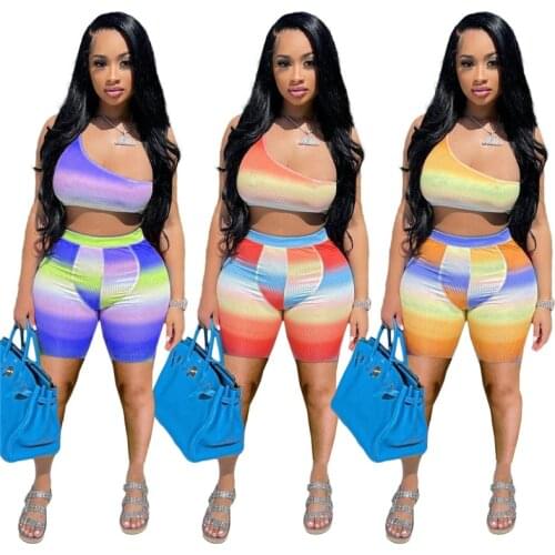 2021 Changing Color Two Piece Set Women Tracksuit One Shoulder Sleeveless Vest Crop Top Shorts Summer Beach Suit Sportswear