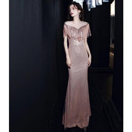 Special Occasion Dress Vintage O-Neck Short Sequined Beading A-Line Luxury Gold Fashion Elegant Floor-Length Lady Prom Gown E884