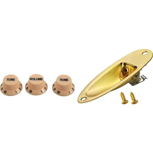 1set Cream Dark Blue Font 1 Volume & 2 Tone Guitar Control Knobs & 1Pcs Boat Output Input Jack Plate Sockets