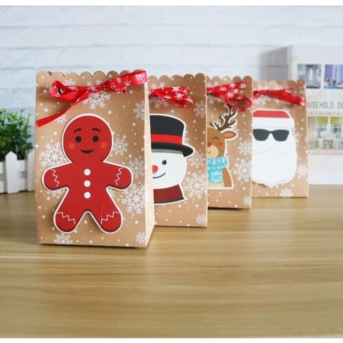 10pcs Kraft Paper Favors Bag Merry Christmas Guests Packaging Boxes Snowflake Santa Claus Paper Bags For New Year Gift Wrapping