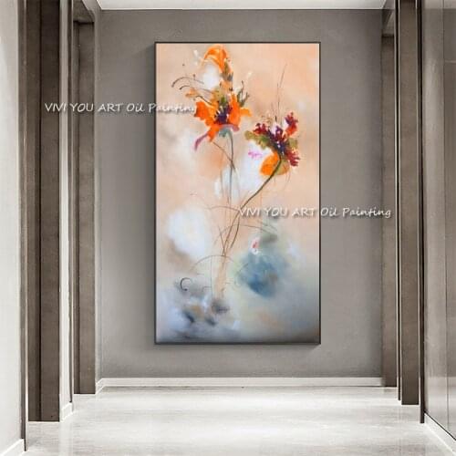 100% Hand Painted Modern Abstract Knife Flowers Oil Painting Modern Pink Blue Large Size Picture Home Room Decoration Unframed