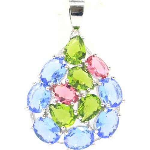 33x23mm Anniversary Big Oval Gemstone Rich Blue Aquamarine CZ Women Dating 925 Sterling Silver Pendant