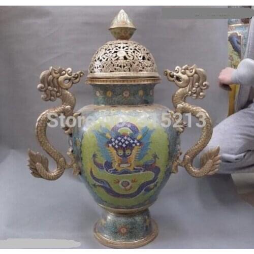 Bi001223 China Bronze Copper cloisonne Dragon 8 treasures Censer incense burner Pot Vase